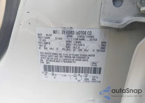 2007 Ford Edge Sel Plus z USA, uszkodzony, nr VIN 2FMDK49C17BA89873